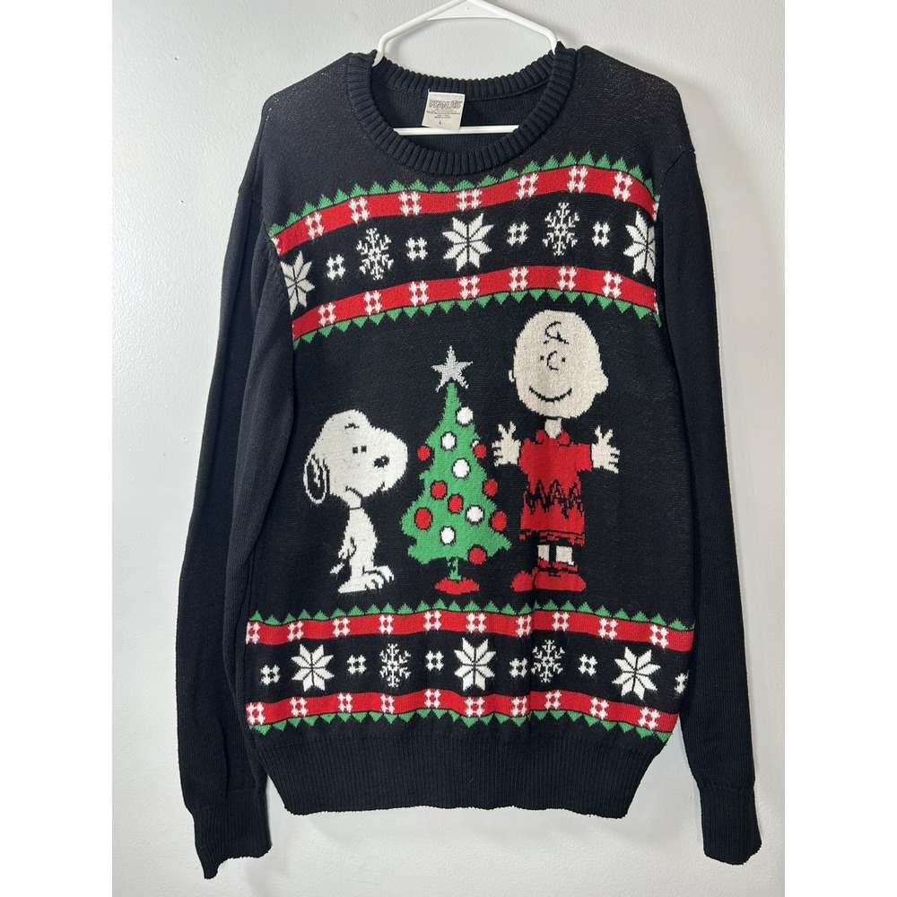 Peanuts Charlie Brown Snoopy Christmas Ugly Sweater Black Holiday Mens L
